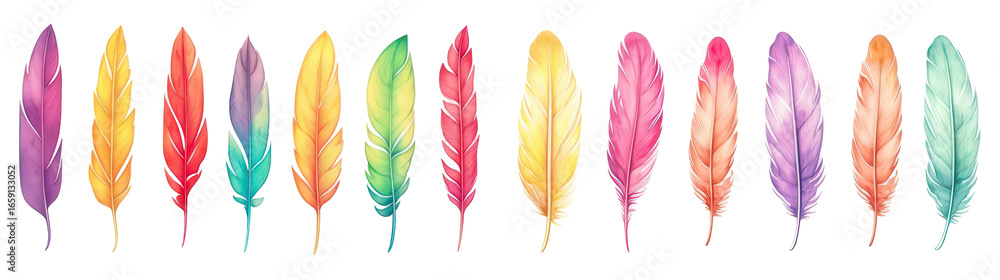 Poster colorful feathers display a beautiful array of hues against a black background.