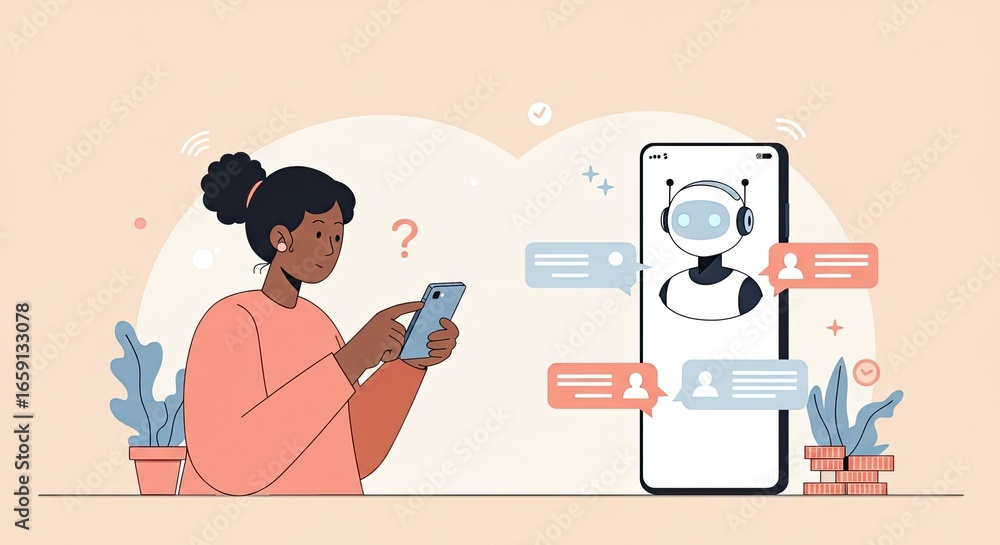Poster woman using ai chatbot on smartphone for answers, modern tech support and customer service concept w
