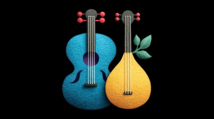Naklejka premium Two musical instruments a blue cello and a yellow lute stand on a black background with a sprig of green leaves
