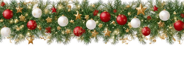 Christmas garland with red and white ornaments, gold stars, and green foliage