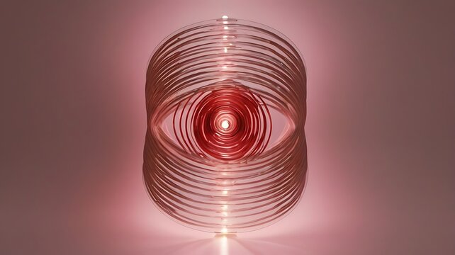 Illuminated eye sculpture made of concentric rings with a red center on a pink background - Powered by Adobe