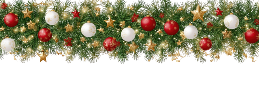 Christmas garland with red and white ornaments, gold stars, and green foliage