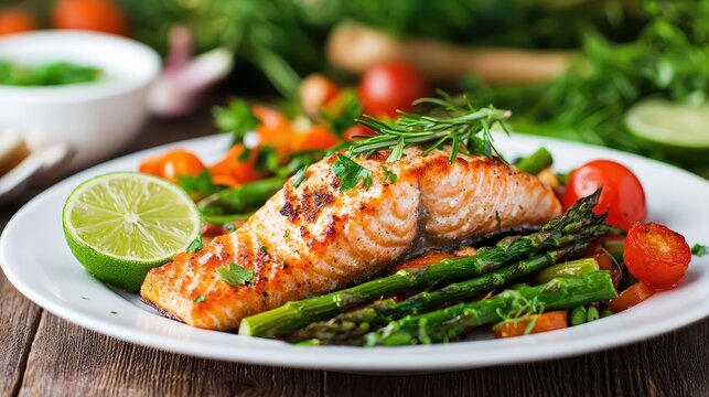 Fresh Grilled Salmon with Colorful Vegetables on a White Plate Surrounded by Fresh Herbs and Citrus