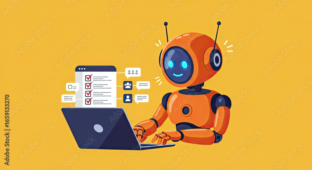 Poster friendly robot assistant analyzing data and completing tasks on a modern laptop against a vibrant ye