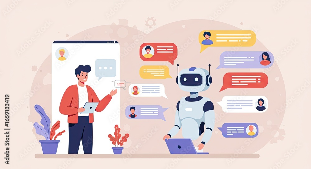 Poster modern ai chatbot assisting a man with customer service interactions, providing quick responses and 