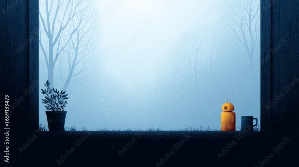 Poster small robot and plant sit by window overlooking misty forest with bare trees