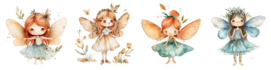 Fototapete Feen und Elfen Four enchanting fairies in a watercolor style, with colorful dresses and wings, create a magical scene.  © mashimara