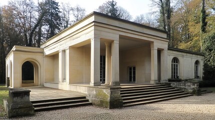 Light beige stone pavilion with portico and steps, set in a park