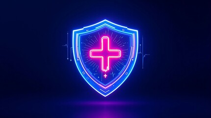 Neon health shield protection symbol for medical insurance and cybersecurity concept art
