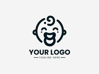 Joyful happy baby with pacifier and sparkling eyes in cheerful vector logo