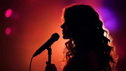 Silhouette of a singer in profile against vibrant red and purple lights, captured from a low angle, creating a dramatic concert video atmosphere. Live desktop wallpaper. - Powered by Adobe