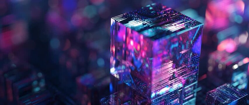 Anamorphic video Abstract Glass Cubes with Neon Lights. Ideal for projects related to digital art, innovation, data, technology, and futuristic design.