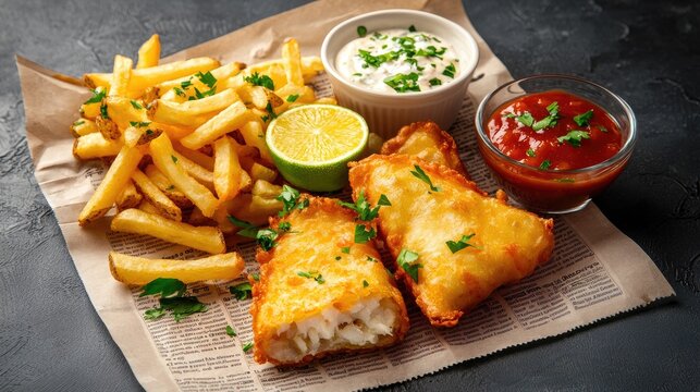 Delicious Fried Fish with French Fries, Dipping Sauces, and Fresh Lime on a Rustic Table