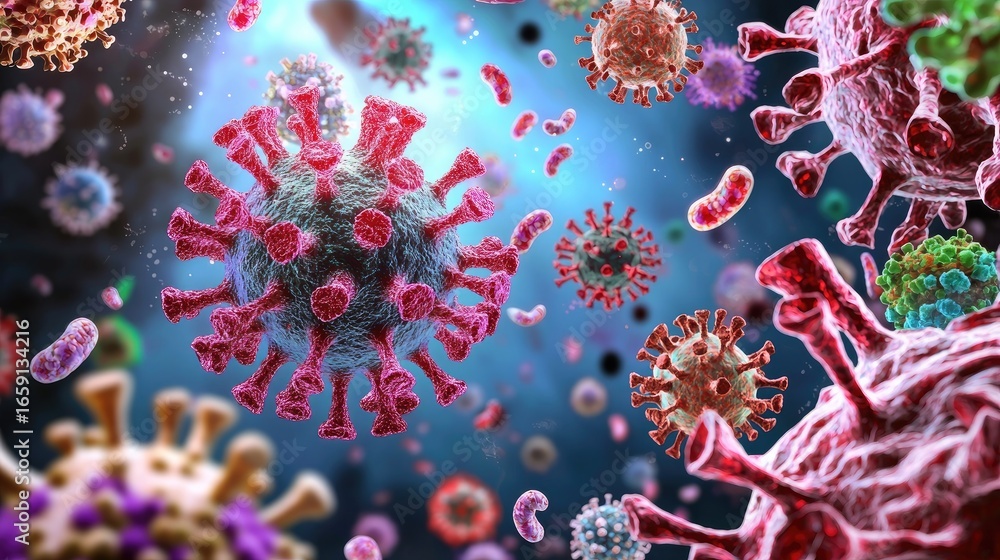 Poster intricate visualization of virus particles in a colorful scientific background with detailed structu