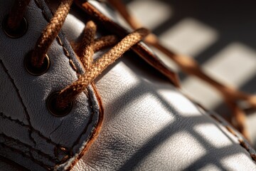 Close-Up View of Brown Lace Detail on Leather Shoe with Soft Lighting and Shadow Patterns on Surface