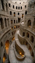 Ancient stone spiral staircase.  Complex layered interior