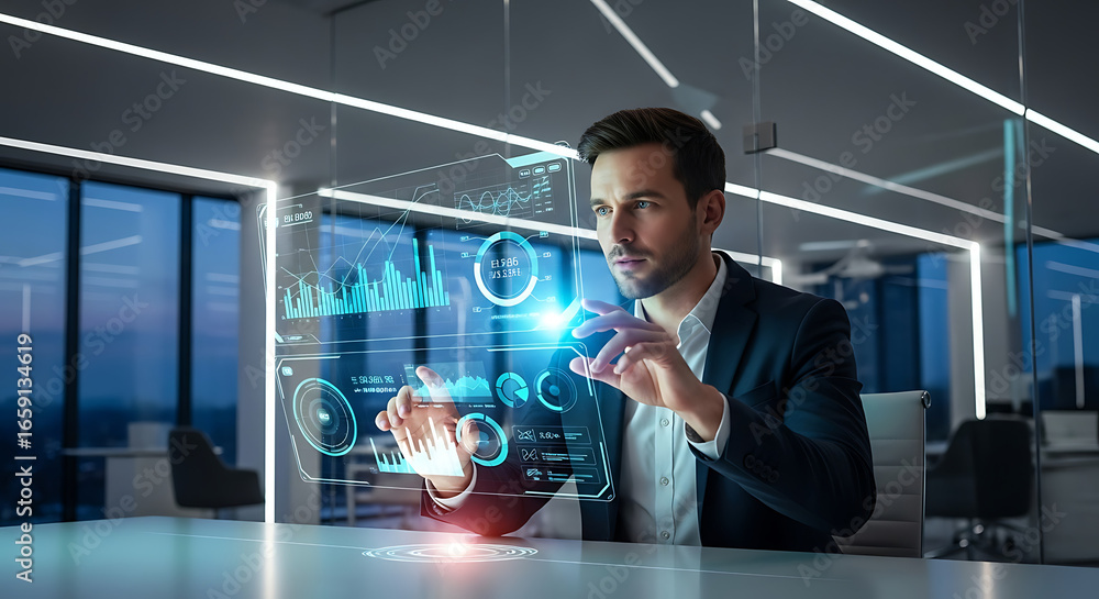 Poster man in suit interacting with futuristic transparent screen in modern office setting at table