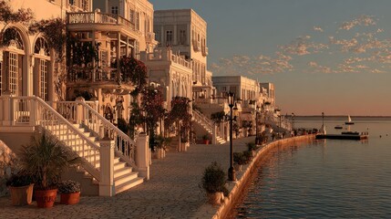 Coastal townhouses at sunset