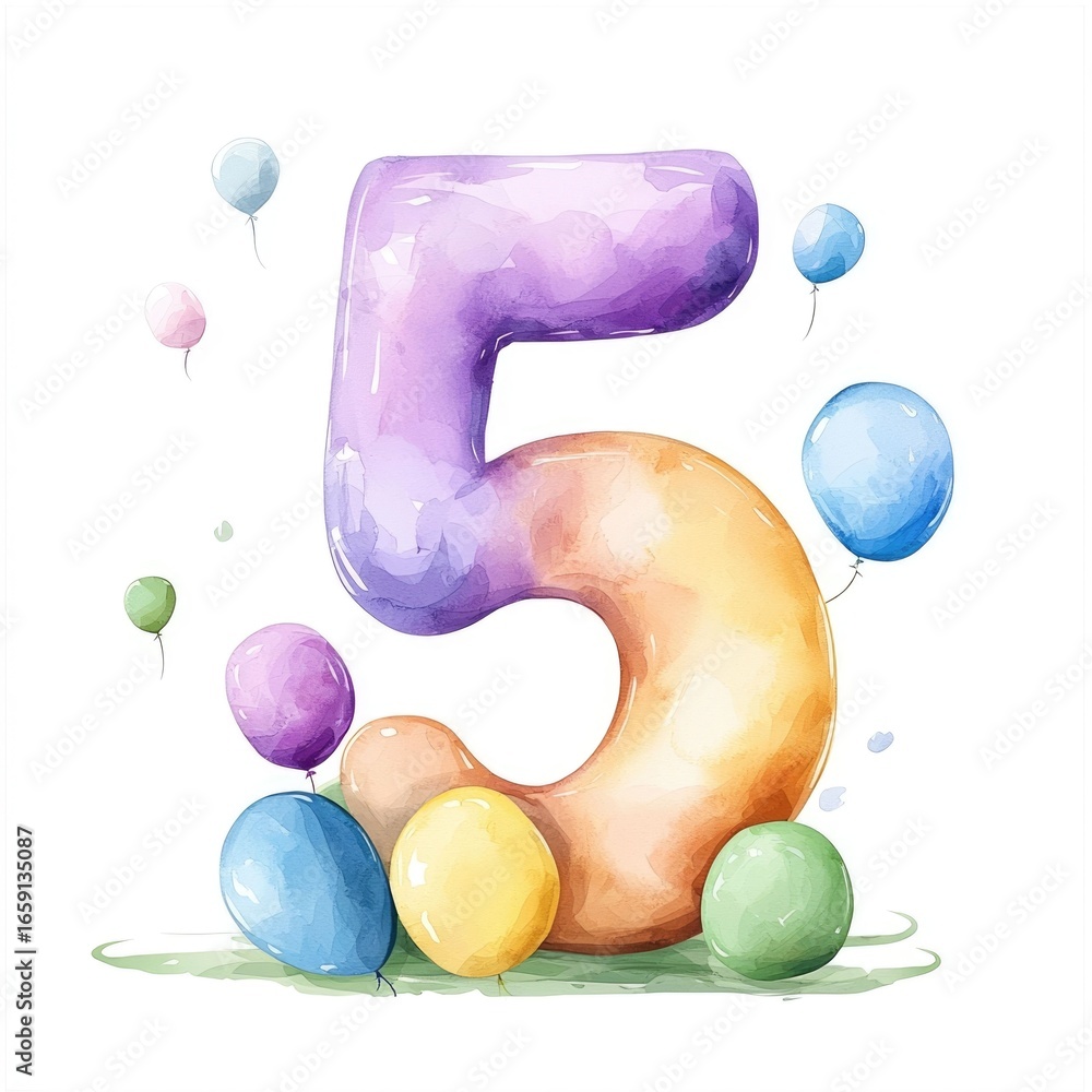 Poster vibrant watercolor number 5 with playful abstract patterns and a vibrant color palette on a clean wh