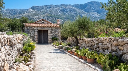 Stone pathway leading to a rustic Mediterranean house