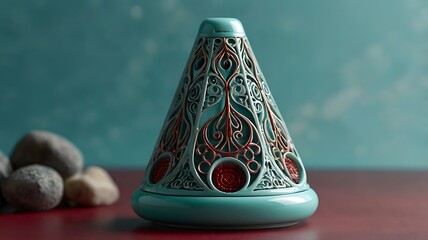 A decorative cone shaped object with intricate designs sitting on a red surface next to some rocks