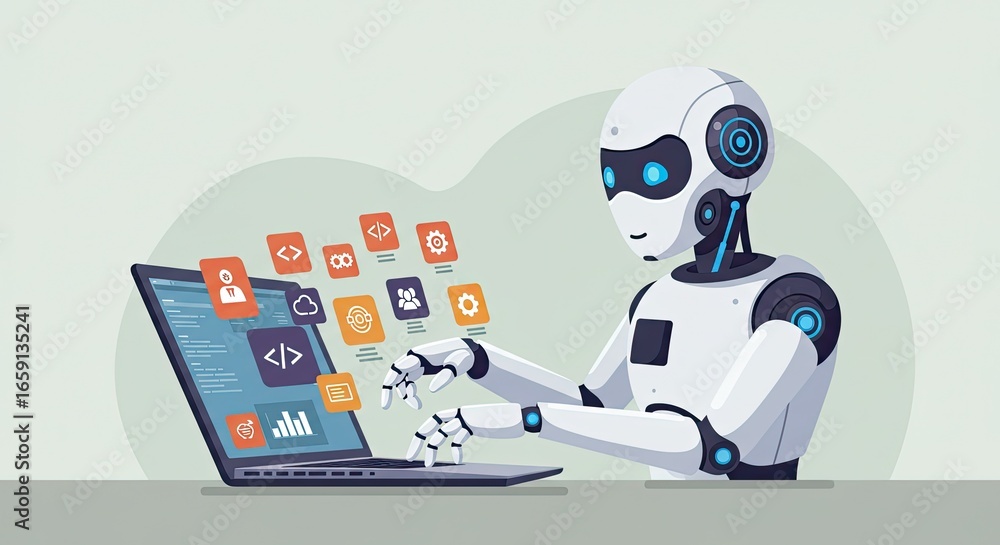 Poster sleek robot coding with floating app icons on a laptop screen, showcasing modern ai and technology i