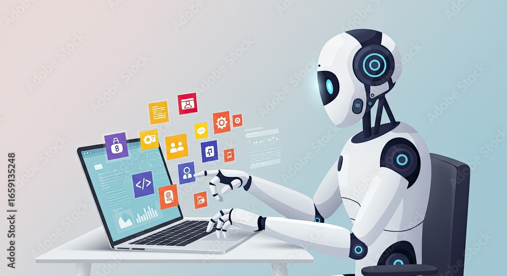 Poster innovative robot using laptop with floating app icons showcases ai technology and automation solutio