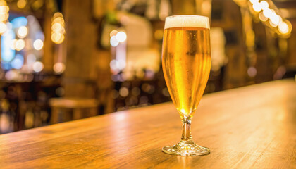 Elegant glass of gourmet beer placed on bar top with copy space for text highlighting specialty brews and enjoyment