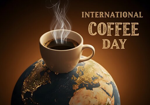 International Coffee Day concept featuring a hot, steaming cup of coffee resting on planet Earth to symbolize a global celebration poster.