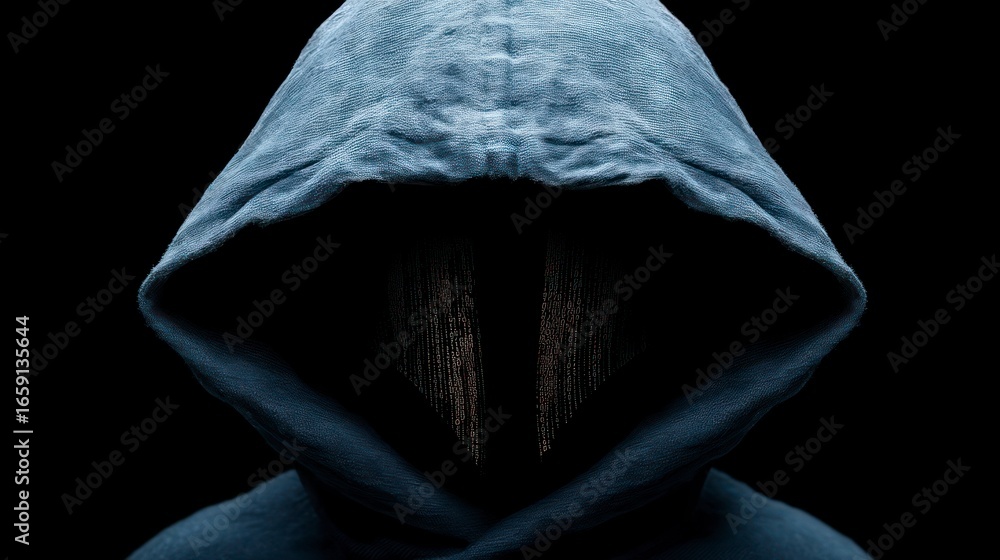 Poster close up of a person in a hooded sweatshirt with a digital binary code pattern on their face
