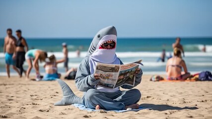 Shark-suited beachgoer reading newspaper on sunny day with ocean backdrop