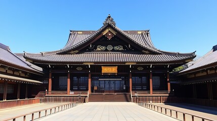 Traditional Japanese temple facade, wide shot, clear blue sky