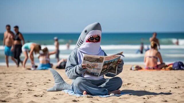 Shark-suited beachgoer reading newspaper on sunny day with ocean backdrop