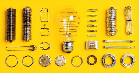 Disassembled Lightbulb Parts on Yellow Background