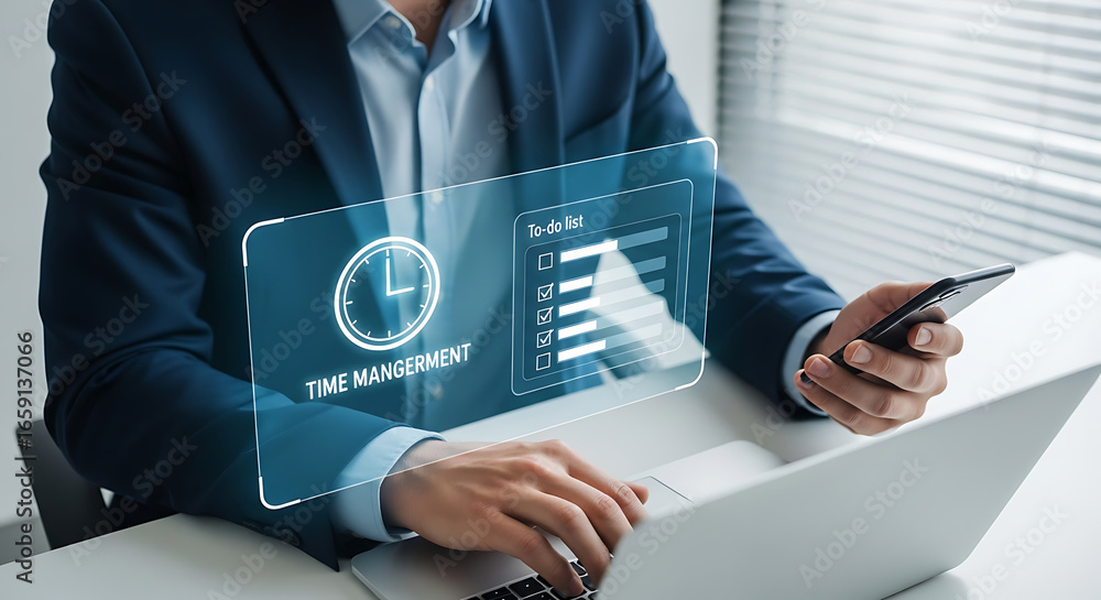 Poster man in suit using laptop and phone with time management and to do list hologram overlay on screen