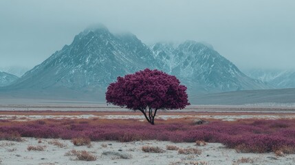 Solitary purple tree in a desolate, mountainous landscape