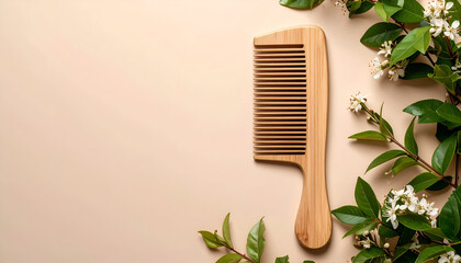 Eco-Friendly Bamboo Comb with Delicate White Blossoms on a Pastel Cream Background, Promoting Natural Hair Care