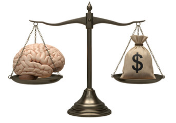 Balance brain versus money, investment in education and knowledge, weighing intelligence versus wealth