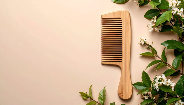 Eco-Friendly Bamboo Comb with Delicate White Blossoms on a Pastel Cream Background, Promoting Natural Hair Care