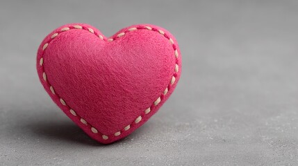 Obraz premium A pink felt heart with beige stitching rests on a textured gray surface