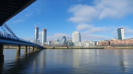 Obraz premium City skyline reflected on a calm river, a bridge in the foreground