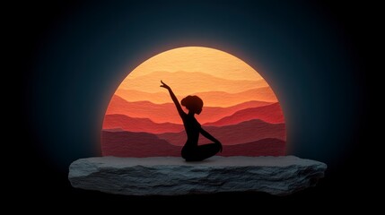 Silhouette of a woman performing a yoga pose on a rock with a layered sunset background