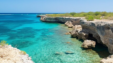 Turquoise water laps against a rocky coastline, sun-drenched