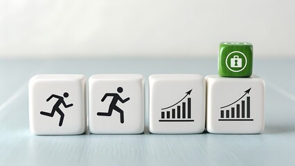 Fototapeta premium Progress cubes with running, growth, and lock icons – Personal development journey, achievement stages metaphor, goal setting visual, security through growth concept, abstract success illustration
