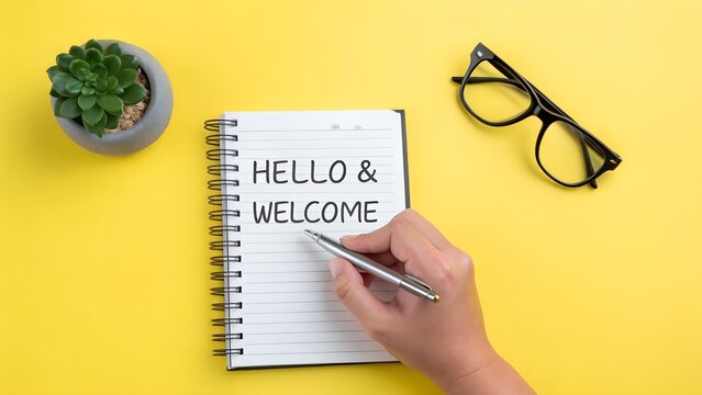Notebook with “HELLO & WELCOME” message – Friendly greeting concept, onboarding visual, creative workspace flat lay, personal introduction theme, motivational startup illustration