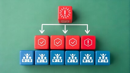 Hierarchical workflow blocks with symbols – Organizational structure concept, decision-making flowchart, leadership and task distribution visual, strategic planning metaphor