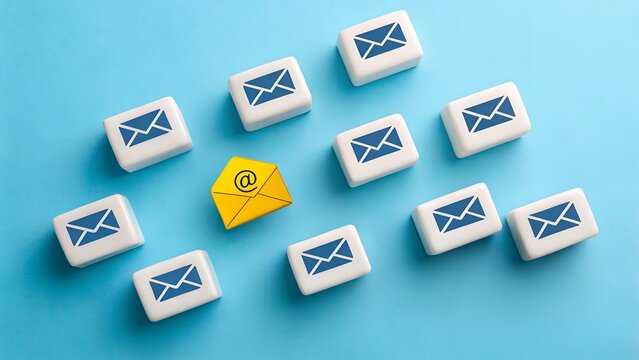 Yellow “@” block among envelope icons – Email standout concept, digital communication metaphor, inbox prioritization visual, message spotlight illustration, abstract contact strategy