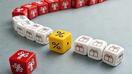 Gift box cubes with standout discount symbol – Promotional offer concept, retail marketing visual, standout yellow percentage icon, consumer choice metaphor, holiday sale strategy