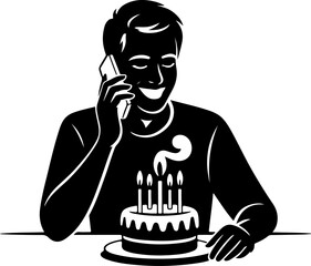  a joyful person sitting at a table holding a phone to their ear 