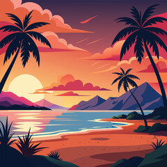 Vector illustration of a sunset at a beach, featuring a red and orange sky, Focus on a realistic, detailed depiction.